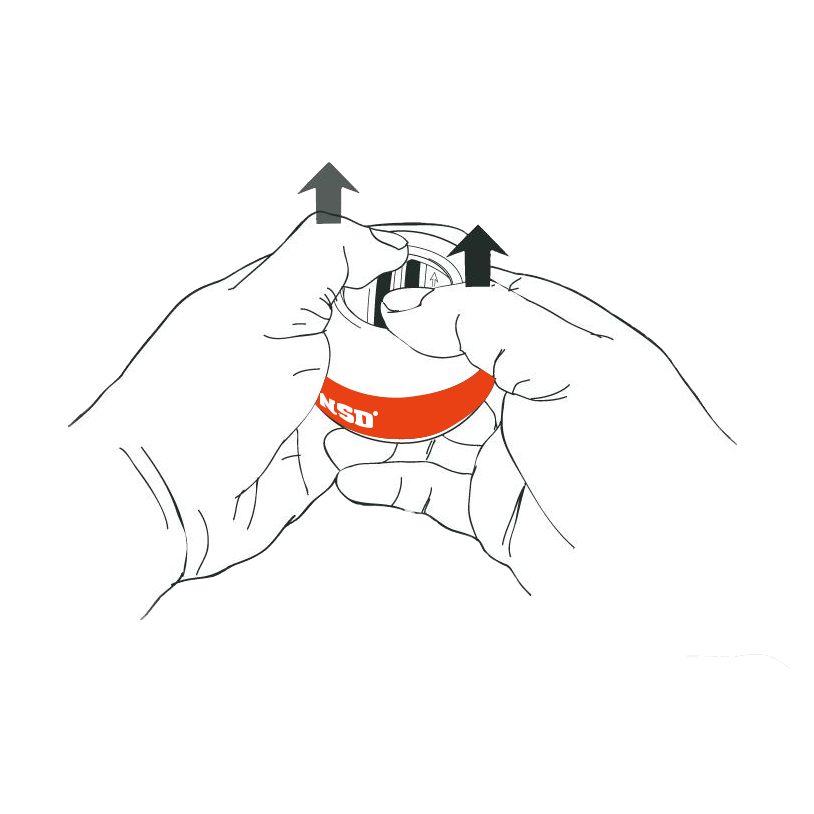 Illustration of both thumbs winding up the rotor of a spring-loaded NSD Spinner