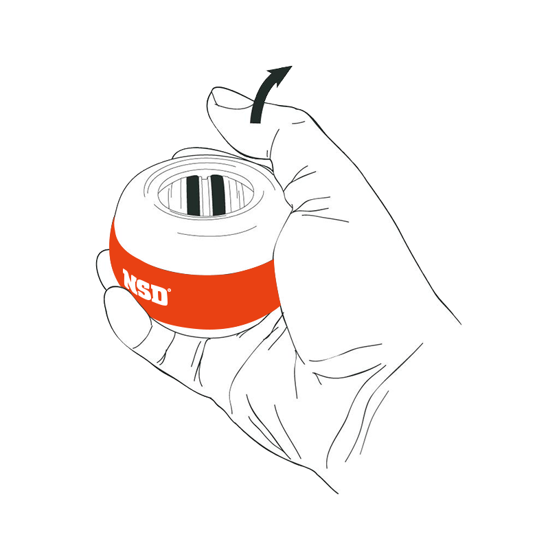 Illustration of a hand holding the Spinner with the thumb pressed on the rotor, ready to release it