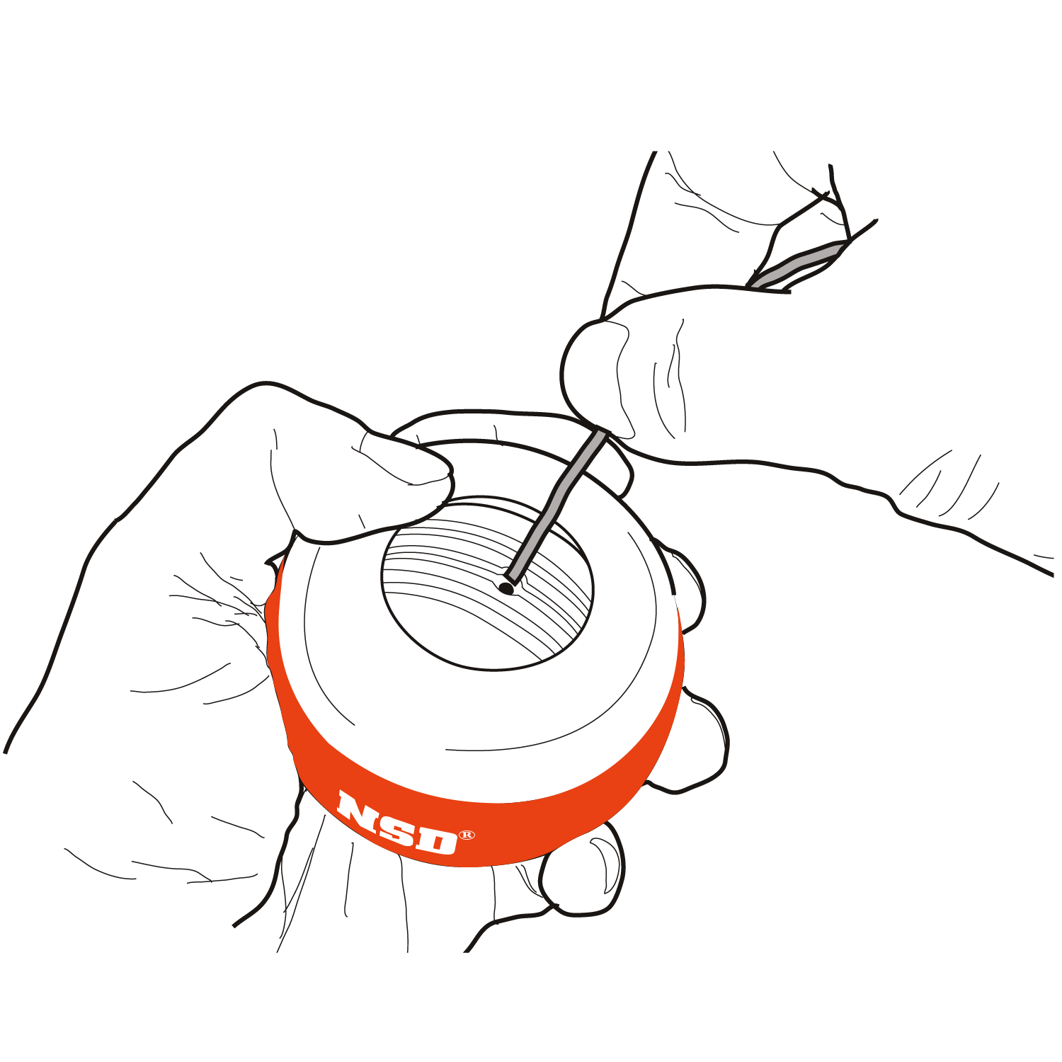 Illustration of the plastic aglet of the starter string being inserted into the hole on the rotor surface