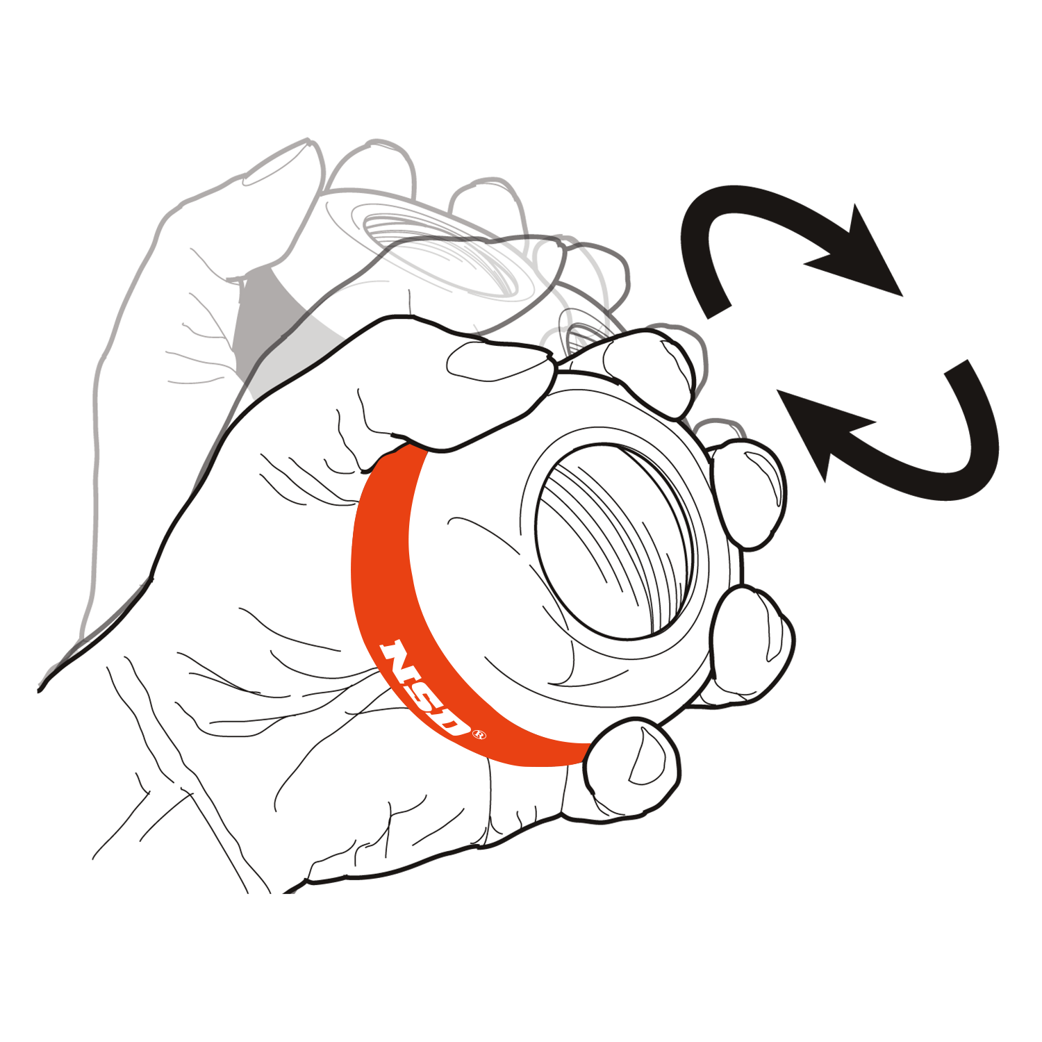 Illustration of a wrist rotating in a circular motion to speed up the gyroscopic rotor