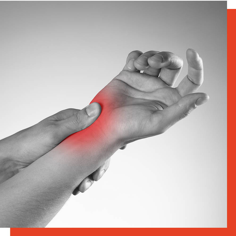Close-up of two hands holding a painful, red-highlighted wrist
