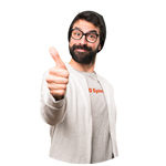 Smiling man in a gray cardigan giving a thumbs up