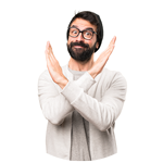 Man in a gray cardigan crossing his arms in an X