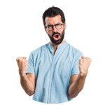 Man in a light blue shirt celebrating with both fists clenched