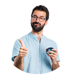 Man in a light blue shirt giving a thumbs up while holding an NSD Spinner